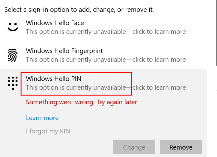 windows hello this option is currently unavailable