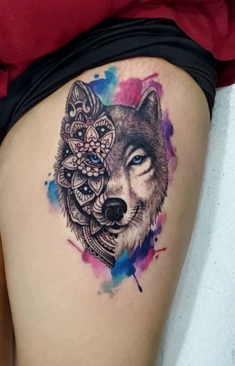 wolf tattoos on thigh