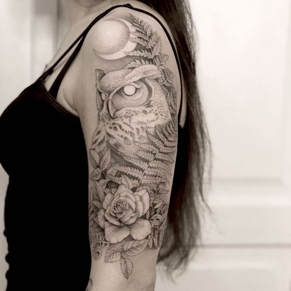 woman owl tattoo