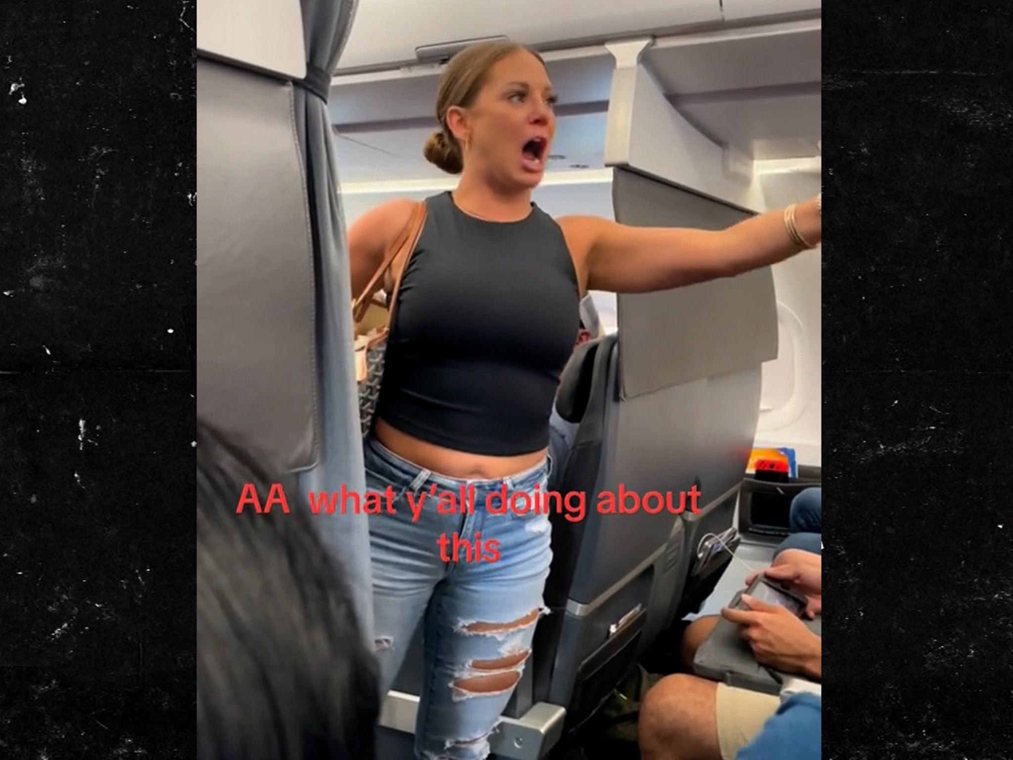 woman sees something on plane